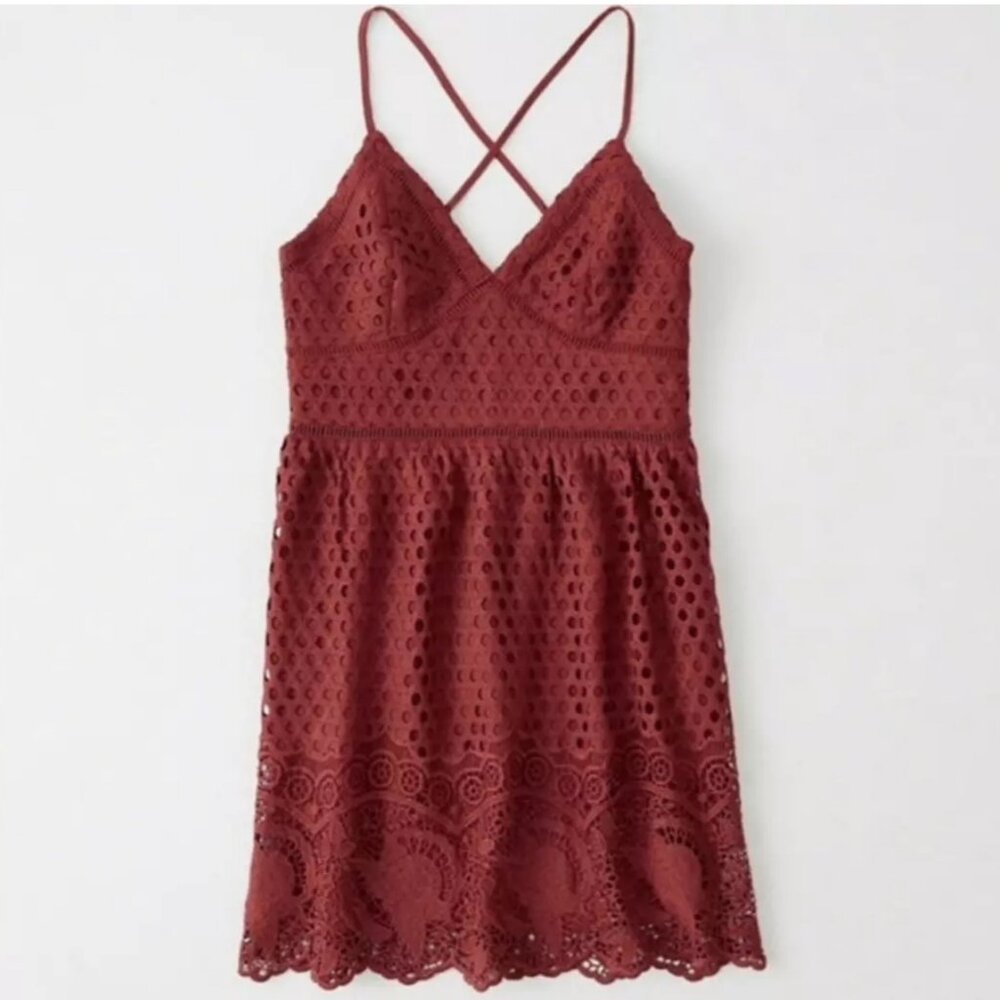 Abercrombie & Fitch Spaghetti Strap Crochet Eyelet Mini Dress Rust A&F XL $68